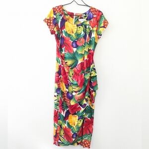 Vintage Tropical Fruit Print Faux Wrap Dress